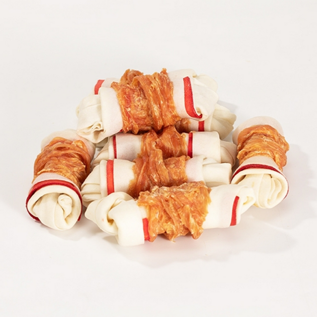 Pet Chews Chicken Wrap Knotted Rawhide Bones for Dog